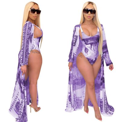 Print Long Sleeve Sling Low-cut Tight One-wpiece Swimsuit And Outwear Suit-Multicolor NSFH132563
