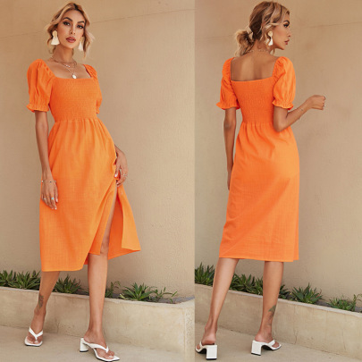 Square Collar Slit Puff Sleeve Stretch Solid Color Dress NSJKW132569