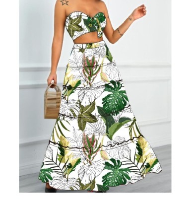 Print Tube Top High Waist Lace-up Backless Vest And Skirt Set NSYXB132473