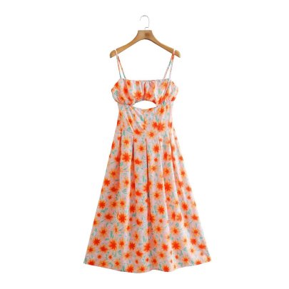 Hollow Suspender Backless Slim Flower Print Dress NSAM132603