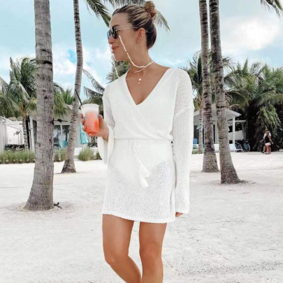 V-neck Long Sleeve Waist Solid Color Beach Outdoor Cover-up NSMUX132647