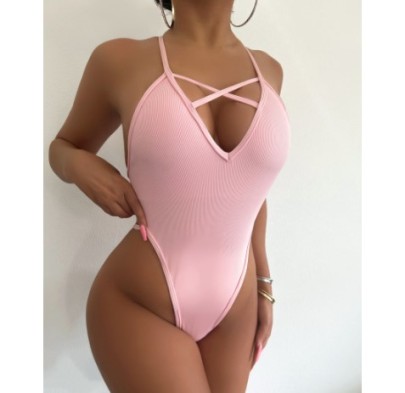 Cross Sling Backless Low-cut Hollow Solid Color One-piece Swimsuit NSCSM132461