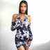 print drawstring mid-sleeve slim backless sling dress NSBDX132676