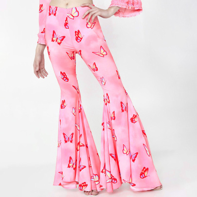 Butterfly Printed Low Waist Slim Flared Trousers NSSWF132713