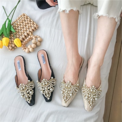 Rhinestone Pearls Shallow Mouth Point Toe Flat Slippers NSGXL132730