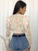 V-neck long-sleeved lace-up flower printed chiffon tops NSJKW132769