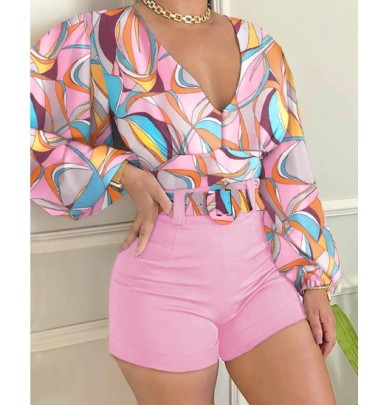 Printed Long Sleeve V-Neck High Waistslim Top And Shorts Suit NSFH132619