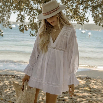 Long Sleeve V Neck Loose Solid Color Beach Outdoor Cover-up NSMUX132646