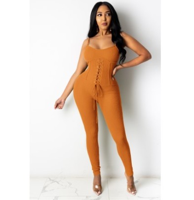 Suspender Backless Tight Lace-up Solid Color Pit Strip Jumpsuit NSYMS129663