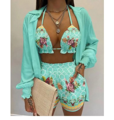 Flower Printing Camisole And High Waist Shorts Solid Color Long Sleeve Coat 3-piece Set NSSRX129506