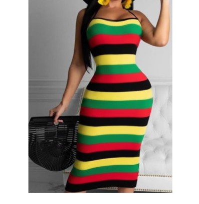 Striped Contrasting Color Printing Suspenders Dress NSHFH129495