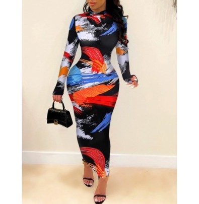 Color Ink Tie-dye Printing Long-sleeved Long Dress NSHFH129497