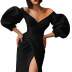Deep V Puff Sleeves High Waist Slim Slit off-shoulder solid color Dress NSKNE129816