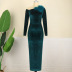 slanted shoulder long sleeve tight sequin furry solid color velvet prom dress NSKNE129818