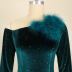 slanted shoulder long sleeve tight sequin furry solid color velvet prom dress NSKNE129818