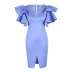 V-neck ruffle sleeves slits beading slim solid color prom dresses NSKNE129829
