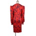 V-neck long-sleeved high-waisted slim print slit dress NSKNE129840