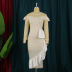 Round neck see through lace ruffle print prom dress NSKNE129850