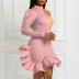 one-shoulder long-sleeved color-block beaded ruffle prom dress NSKNE129853
