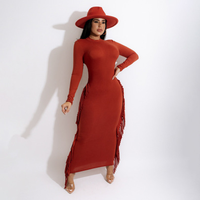 Solid Color Fringed Stitching Pullover Long Sleeve Long Dress NSCJF129863