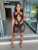 solid color sleeveless hollow bodysuit mesh shorts two-piece set NSCJF129870