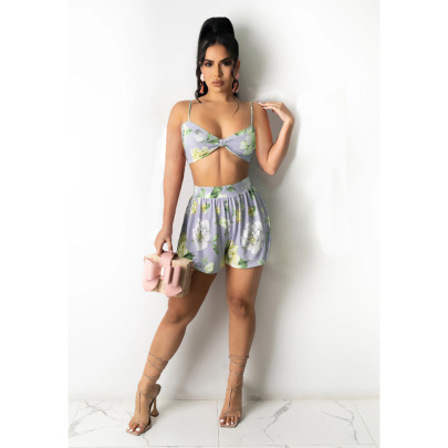 Printed Strappy Loose Camisole And Shorts Two-piece Set NSCJF129888