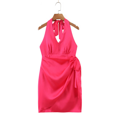 Hanging Neck Backless V Neck Lace-up Solid Color Satin Dress NSLQS129901