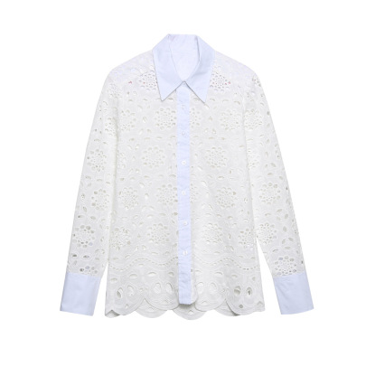 Long-sleeved Hollow Embroidery Lapel Solid Color Shirt NSLQS129904