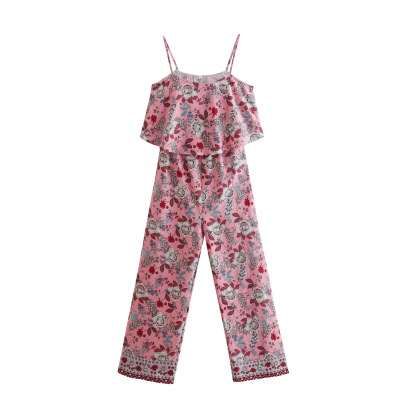 Suspender Backless Wide-leg Flower Print Jumpsuit NSLQS129916