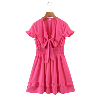 Elastic V Neck Short Sleeve Ruffle Lace-up Solid Color Dress NSLQS129920