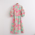 breasted flower print lapel ruffle puff Sleeve lace-up Dress NSLQS129924