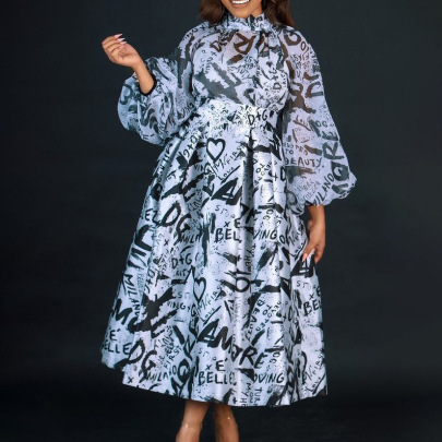 Puff Sleeve Print Large Skirt Dress NSATL129952