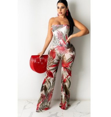 Tube Top Wrap Chest Mesh Printing Jumpsuit NSYMS129672