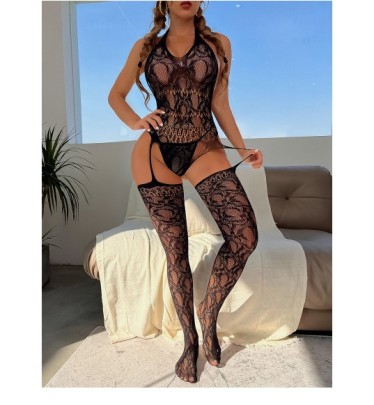 Jacquard Hollow Hanging Neck Backless Solid Color See-through Lace One-piece Underwear NSLTS129803