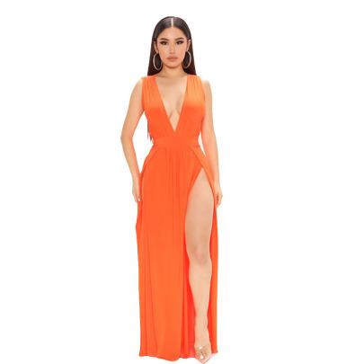 Slit Backless Deep V Sleeveless Solid Color Dress NSYMA129981