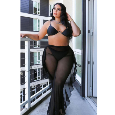 Plus Size Ruffles High Waist Solid Color See-through Beach Trousers NSYMA129983