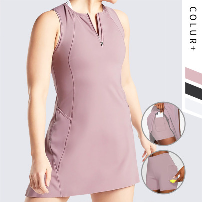 Zipper Solid Color High-elastic Sleeveless Slim Yoga Dress With Bottom Shorts NSFH130016