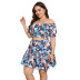 plus size printed/floral one-word shoulder short sleeve high waist top and skirt suit NSFH130019