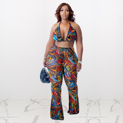 Plus Size Print Hanging Neck Backless Wrap Chest High Waist Swimsuit Two-piece Set NSFH130028