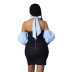 halter neck puff sleeve tight backless stitching denim dress NSCYF130049