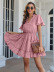 short-sleeved ruffled lace-up large swing v neck solid color chiffon dress NSMY130071