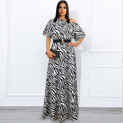 Slanted Shoulder Short-sleeved Leopard Print Slim Prom Dress With Belt NSKNE130084