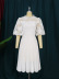 solid color lace puff sleeves stitching pleated hem prom dress with belt NSKNE130091