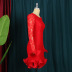 Vestido de fiesta de cintura alta de manga larga de encaje transparente con cuello redondo NSKNE130102