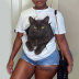camiseta de manga corta suelta con cuello redondo y estampado de gatitos de talla grande NSLBT130217