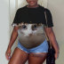 Camiseta holgada de manga corta con cuello redondo y estampado de gatos de talla grande NSLBT130212