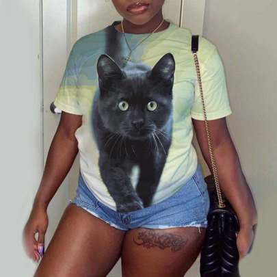 Plus Size Cat Print Crew Neck Short Sleeve Casual T-Shirt NSLBT130209