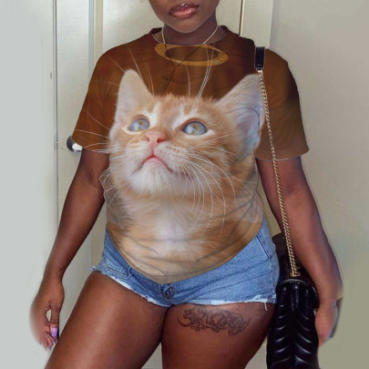 Plus Size Cat Print Crew Neck Short Sleeve Casual T-Shirt NSLBT130203