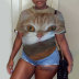 Camiseta holgada de manga corta con cuello redondo y estampado de gatos de talla grande NSLBT130201