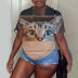 camiseta de manga corta con cuello redondo y estampado de gatito de talla grande NSLBT130199